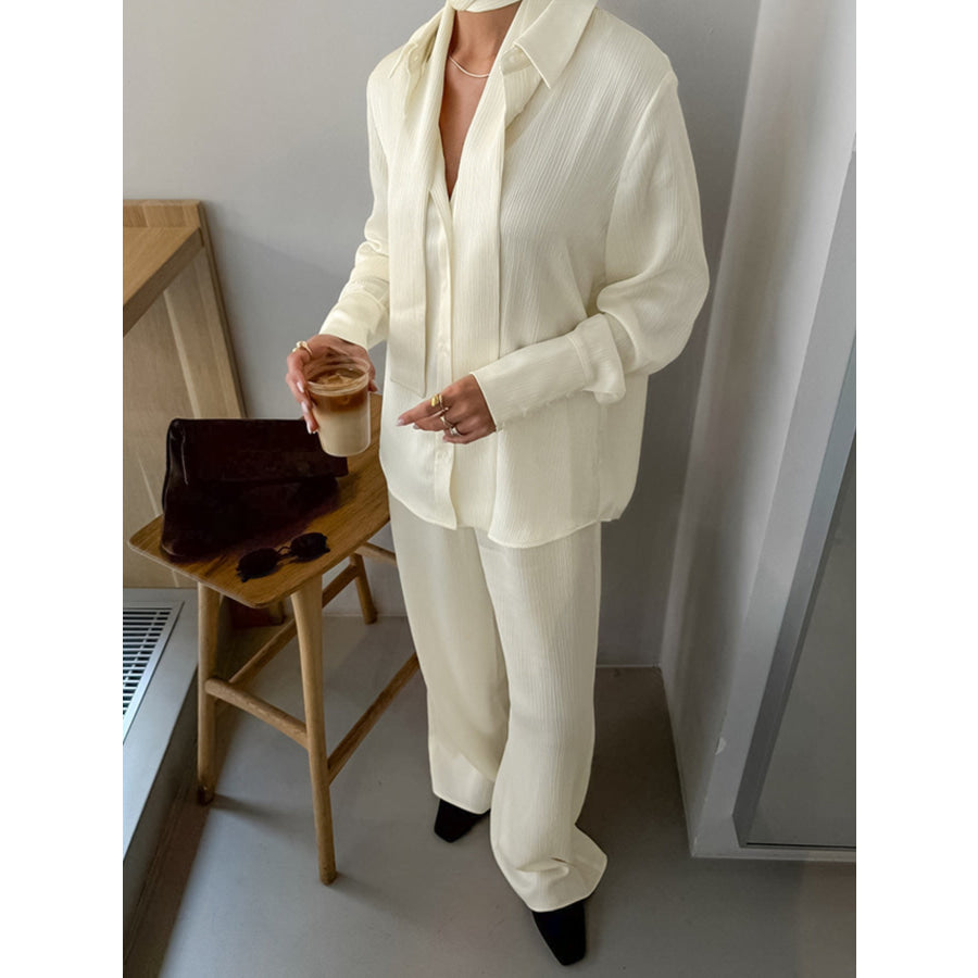 Texture Shirt and Wide-Leg Pants Set Cream / S Apparel and Accessories
