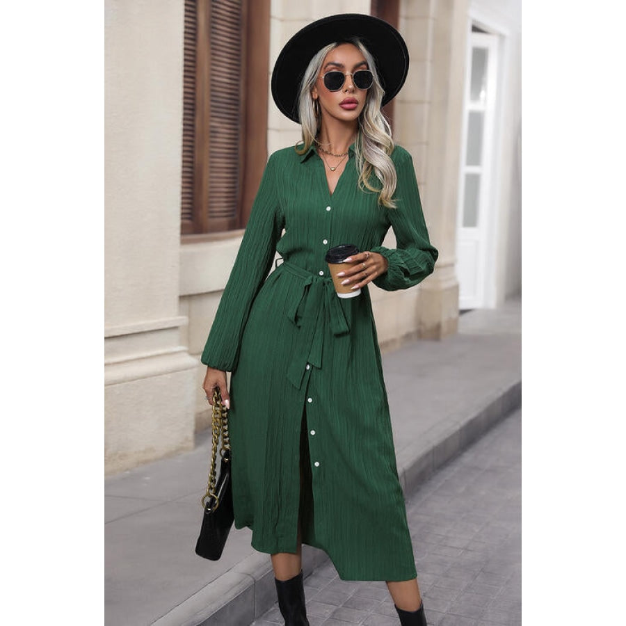 Texture Tied Collared Neck Button Front Dress Green / S