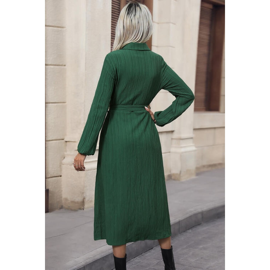 Texture Tied Collared Neck Button Front Dress Green / S