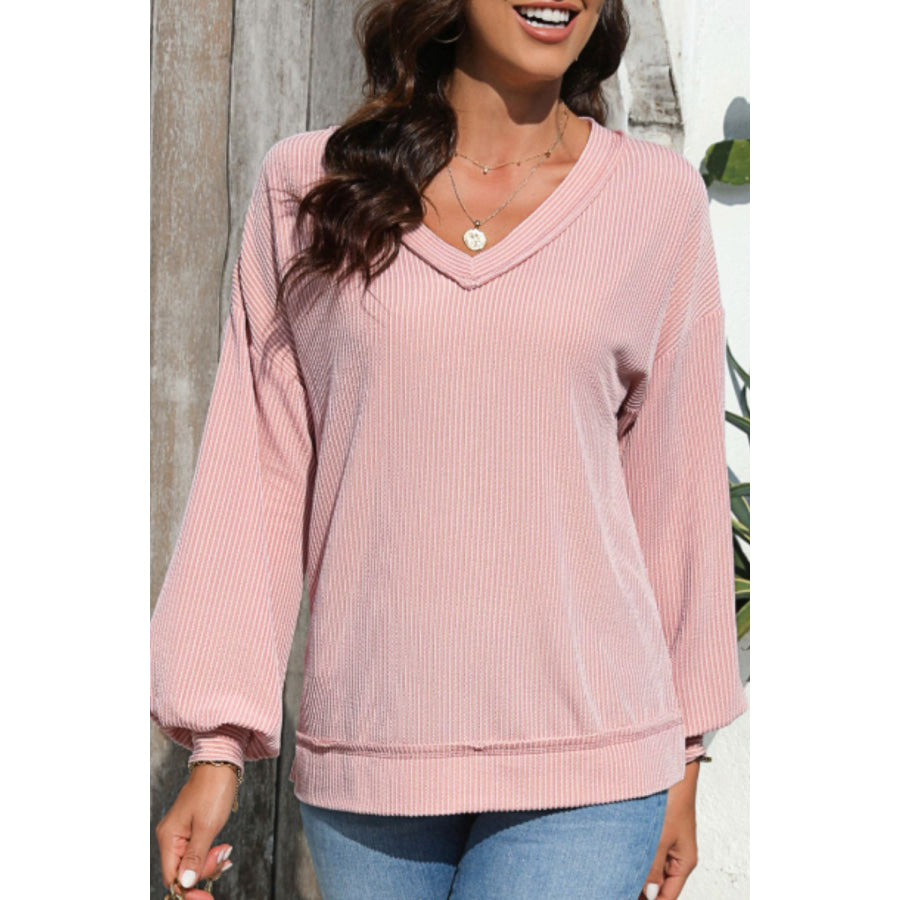 Texture V-Neck Long Sleeve Sweatshirt Apparel and Accessories