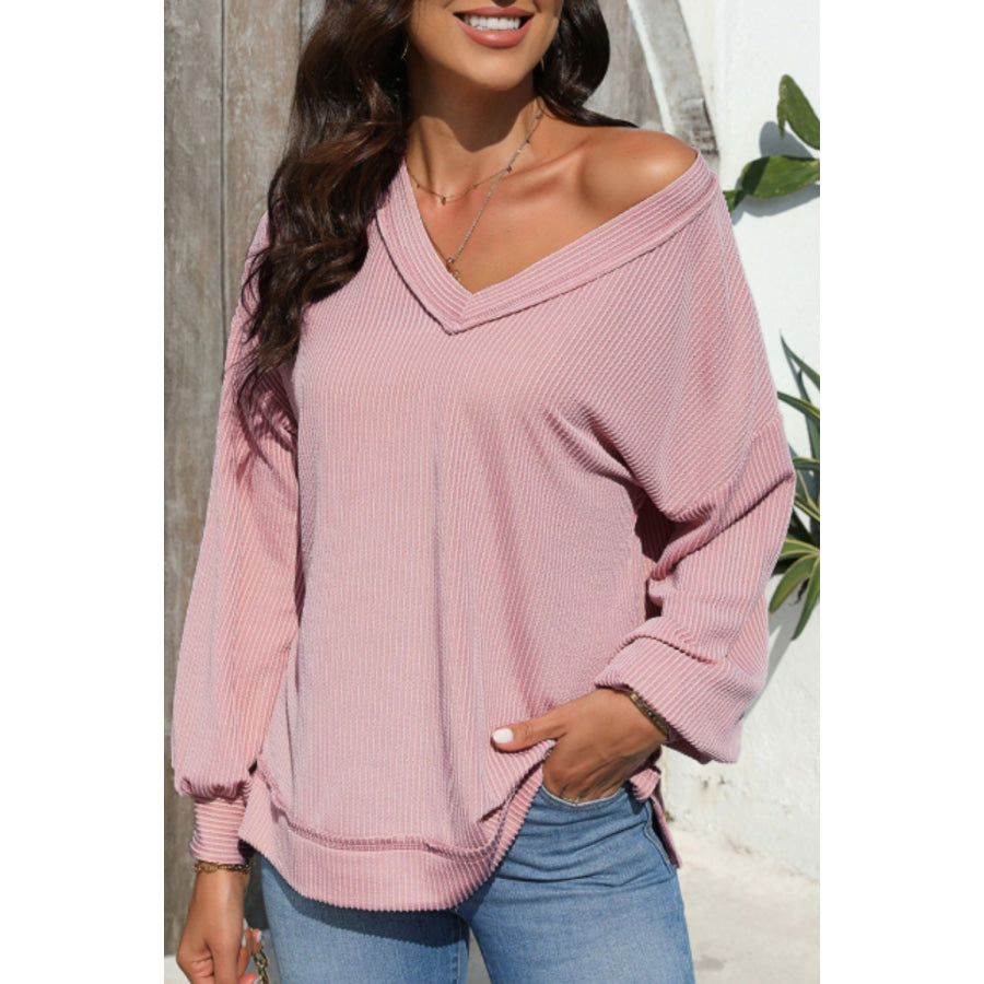 Texture V-Neck Long Sleeve Sweatshirt Dusty Pink / S Apparel and Accessories