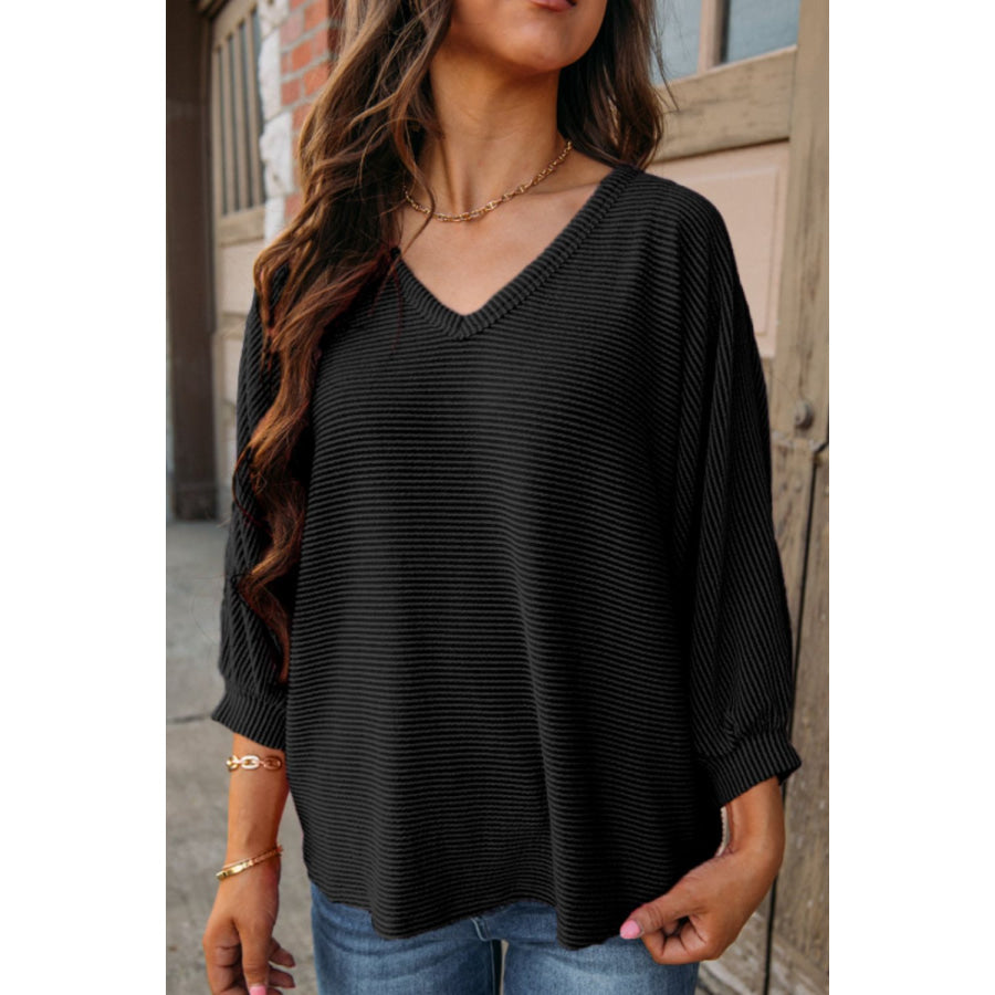 Texture V-Neck Long Sleeve Top Apparel and Accessories