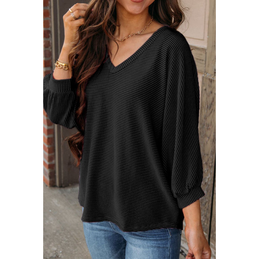 Texture V-Neck Long Sleeve Top Apparel and Accessories