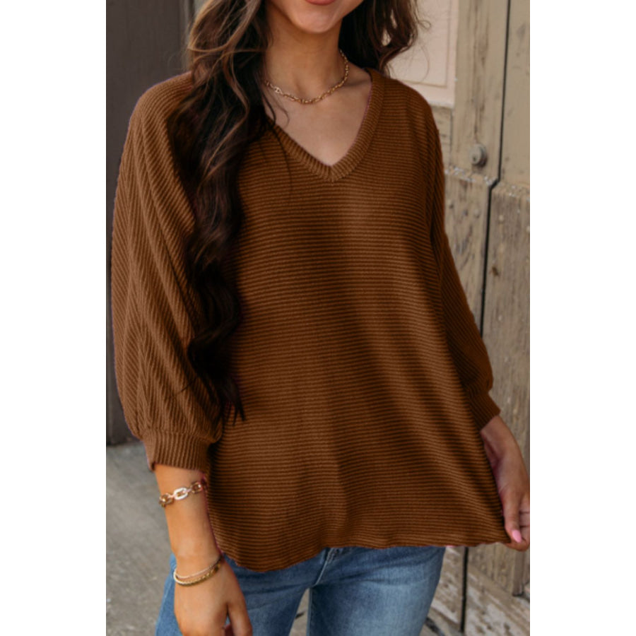 Texture V-Neck Long Sleeve Top Apparel and Accessories