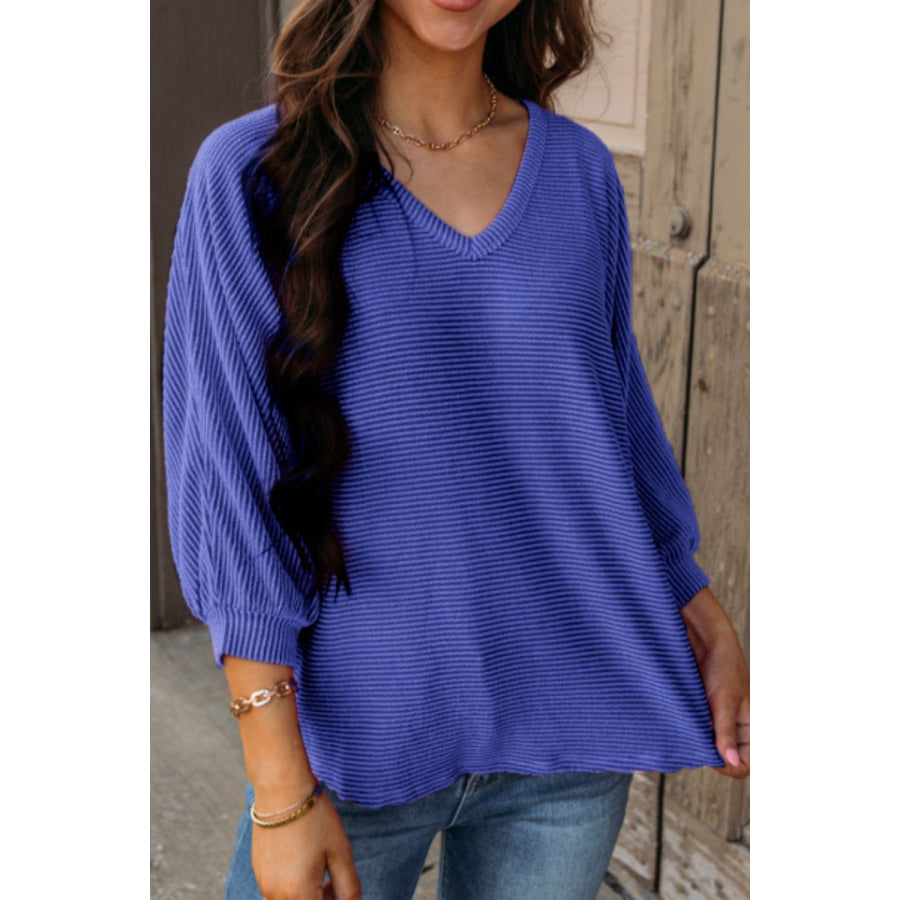 Texture V-Neck Long Sleeve Top Blue Purple / S Apparel and Accessories