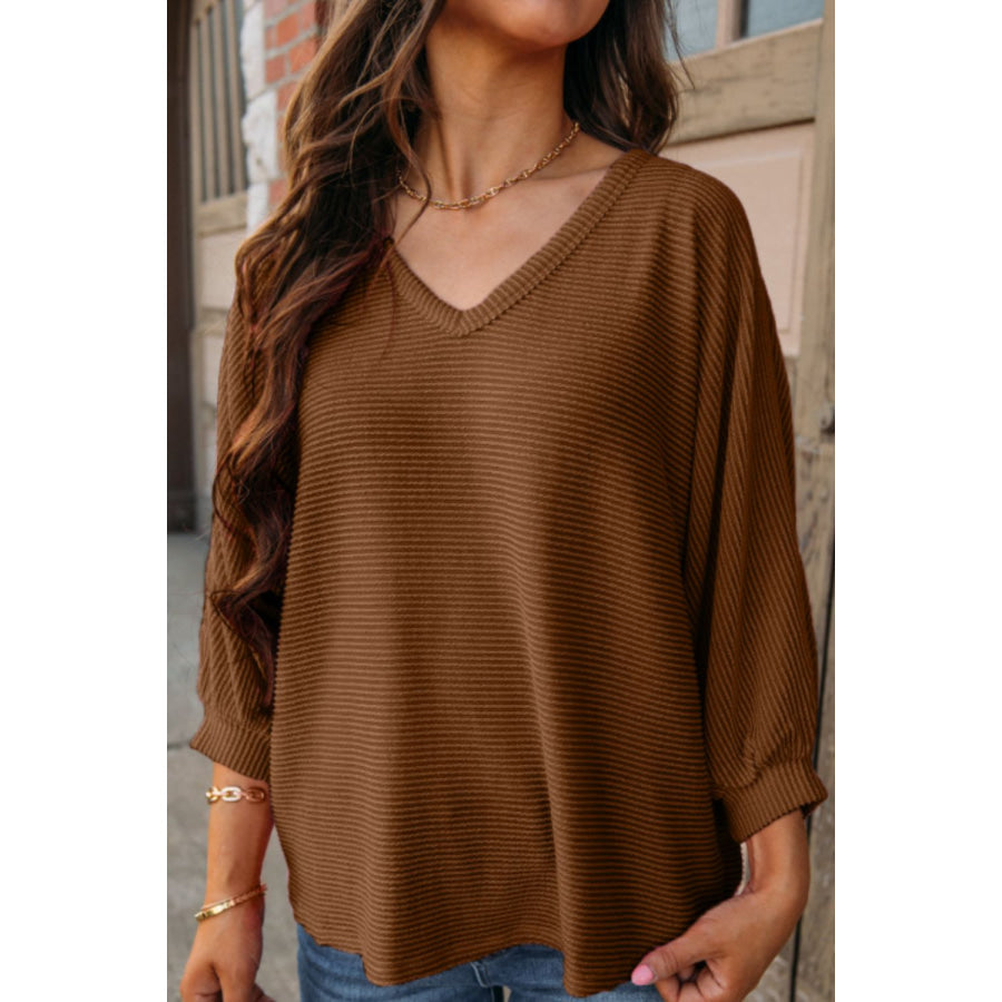 Texture V-Neck Long Sleeve Top Brown / S Apparel and Accessories