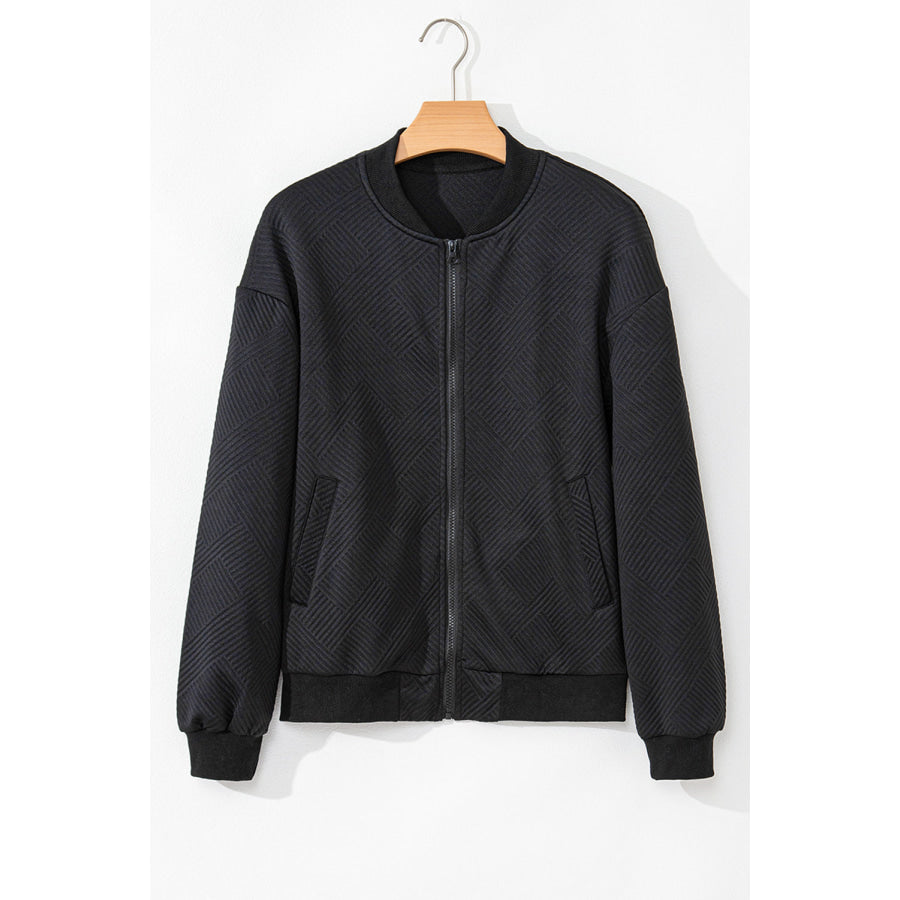 Texture Zip Up Baseball Collar Long Sleeve Jacket Apparel and Accessories