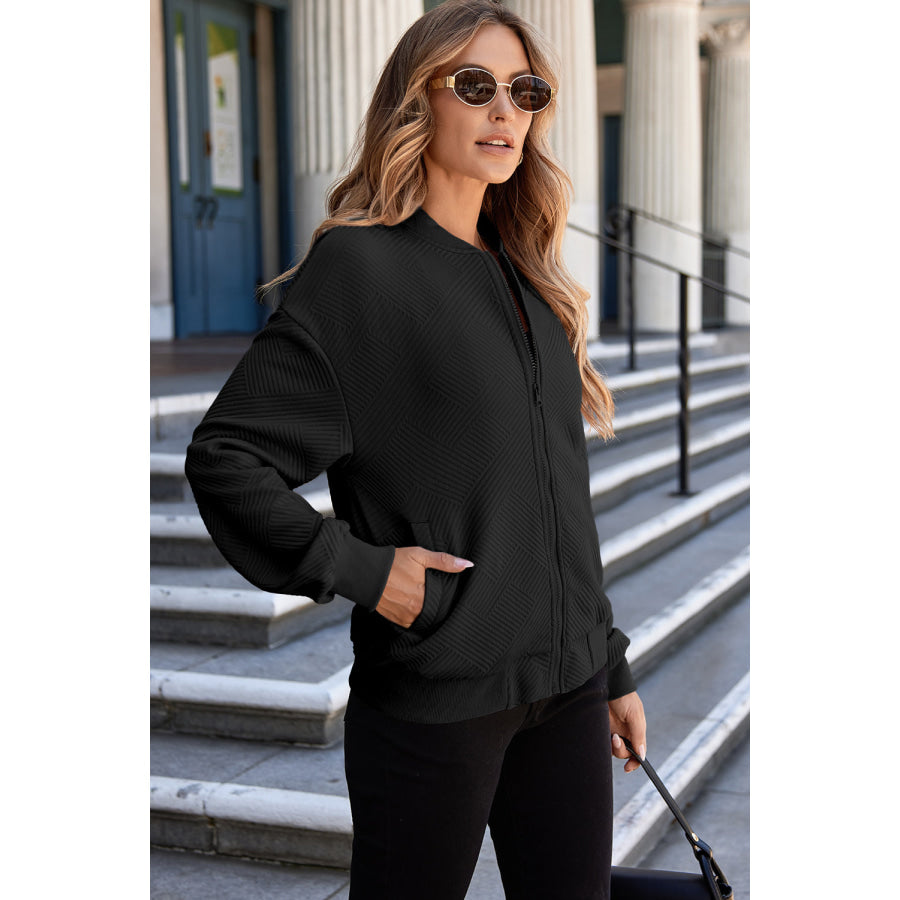 Texture Zip Up Baseball Collar Long Sleeve Jacket Apparel and Accessories