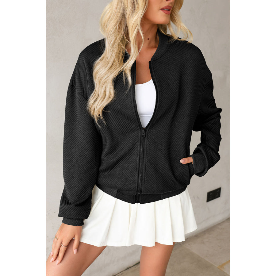 Texture Zip Up Baseball Collar Long Sleeve Jacket Black / S Apparel and Accessories