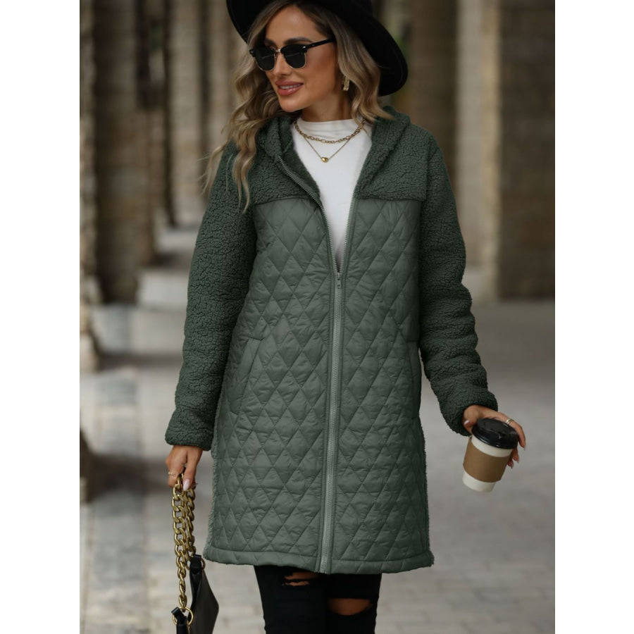 Texture Zip Up Long Sleeve Hooded Coat Army Green / S Apparel and Accessories