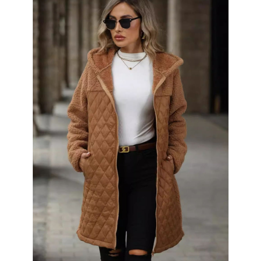 Texture Zip Up Long Sleeve Hooded Coat Caramel / S Apparel and Accessories