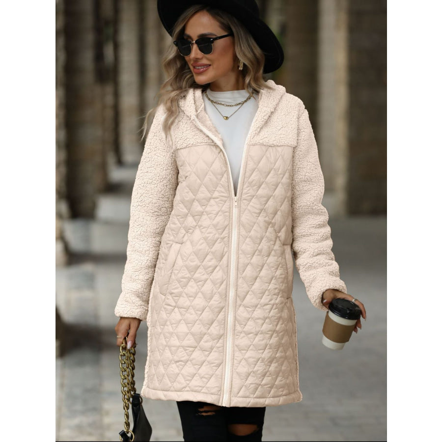 Texture Zip Up Long Sleeve Hooded Coat Eggshell / S Apparel and Accessories