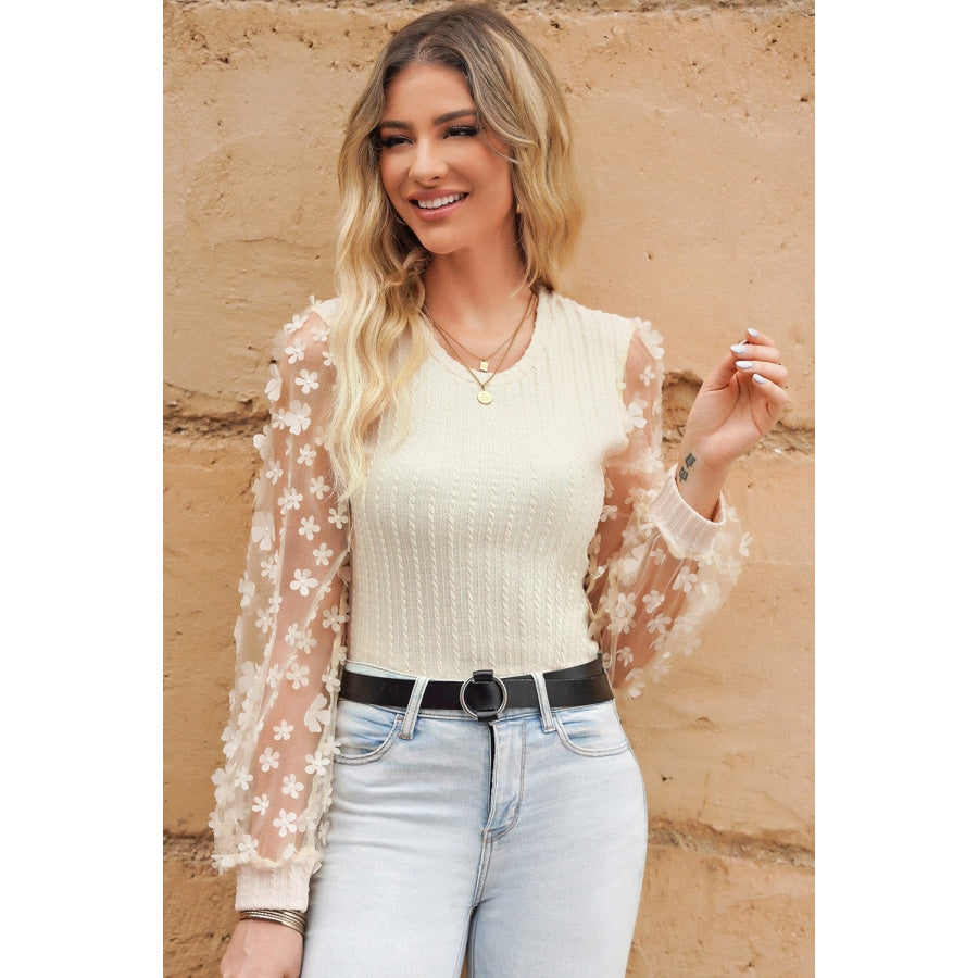 Textured Applique Long Sleeve Blouse