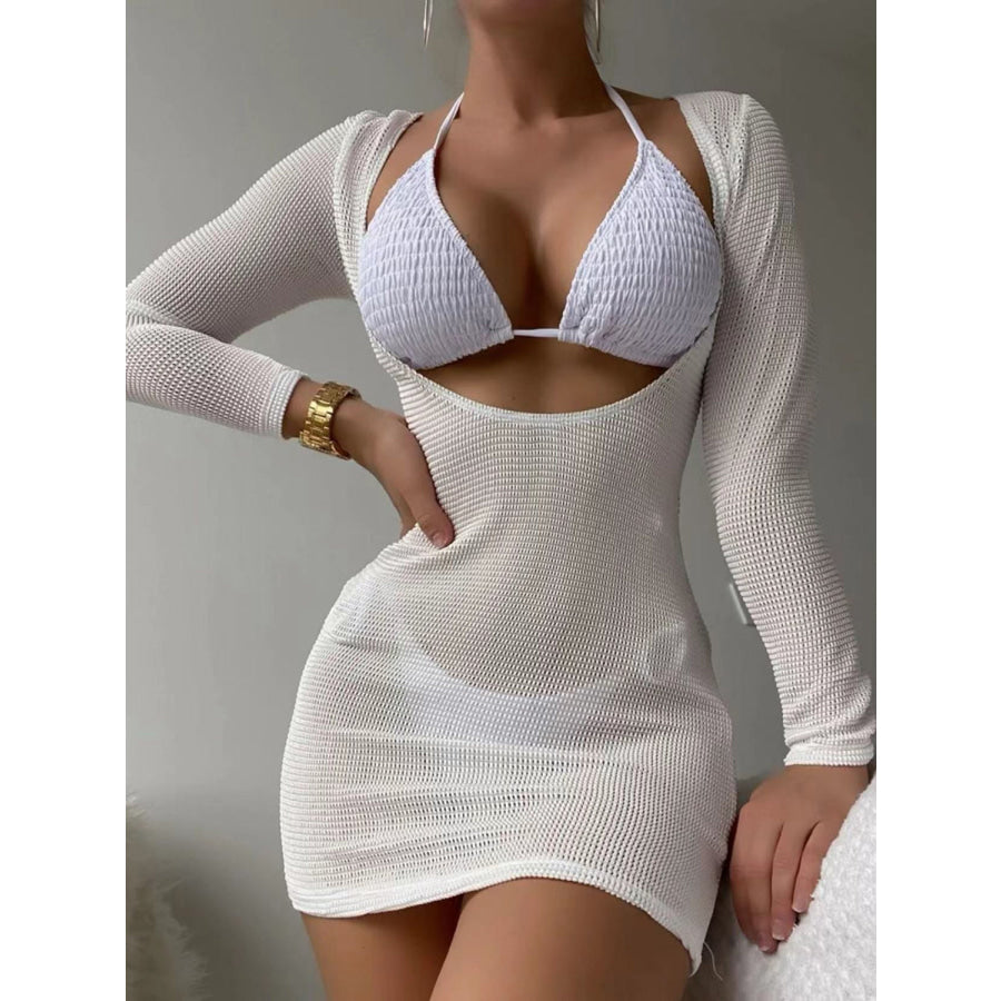 Textured Bikini and Long Sleeve Cover Up Swim Set White / S Apparel Accessories