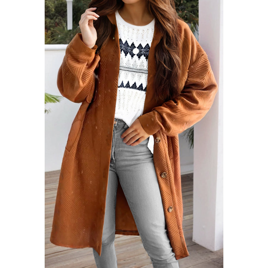 Textured Button Down Collared Neck Coat Caramel / S Apparel and Accessories