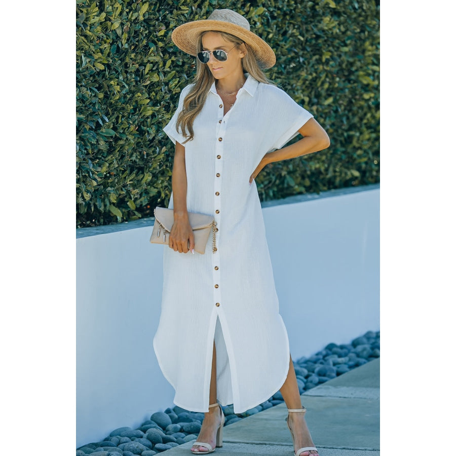 Textured Button Down Slit Shirt Dress White / S