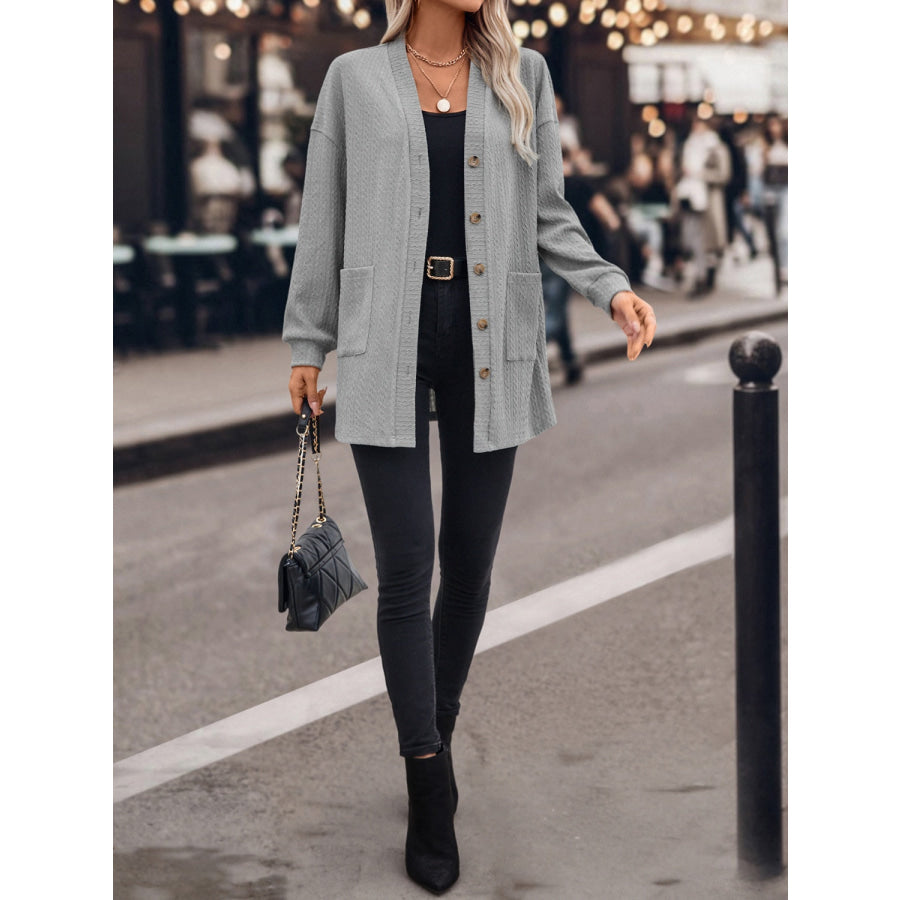 Textured Button Down V-Neck Long Sleeve Cardigan Apparel and Accessories