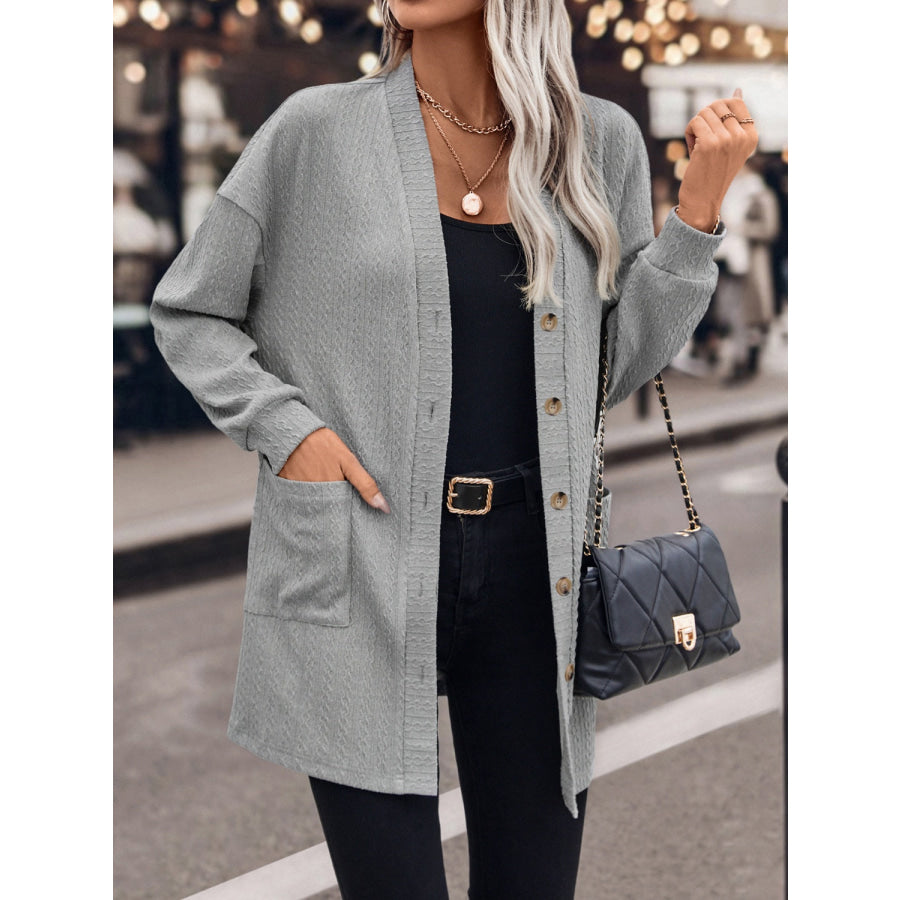 Textured Button Down V-Neck Long Sleeve Cardigan Apparel and Accessories