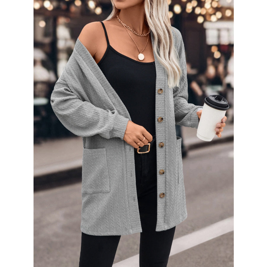 Textured Button Down V-Neck Long Sleeve Cardigan Apparel and Accessories