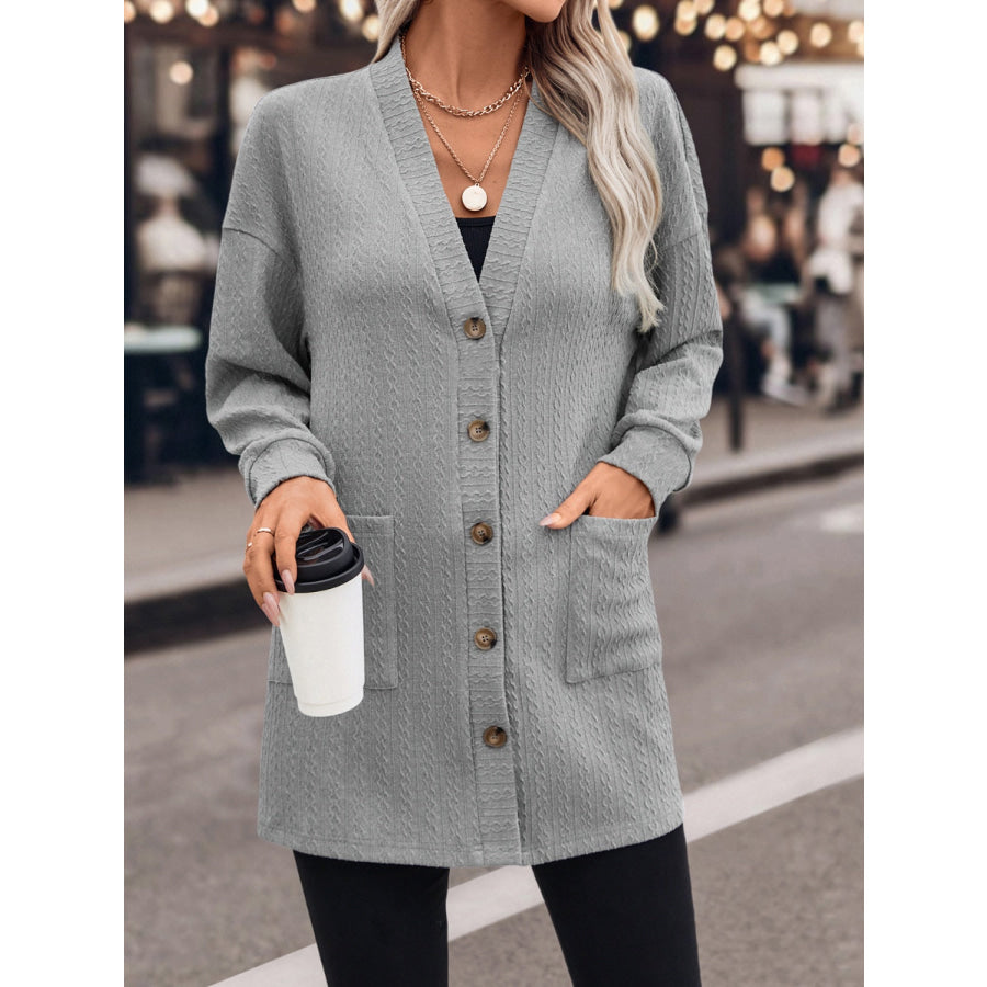 Textured Button Down V-Neck Long Sleeve Cardigan Apparel and Accessories