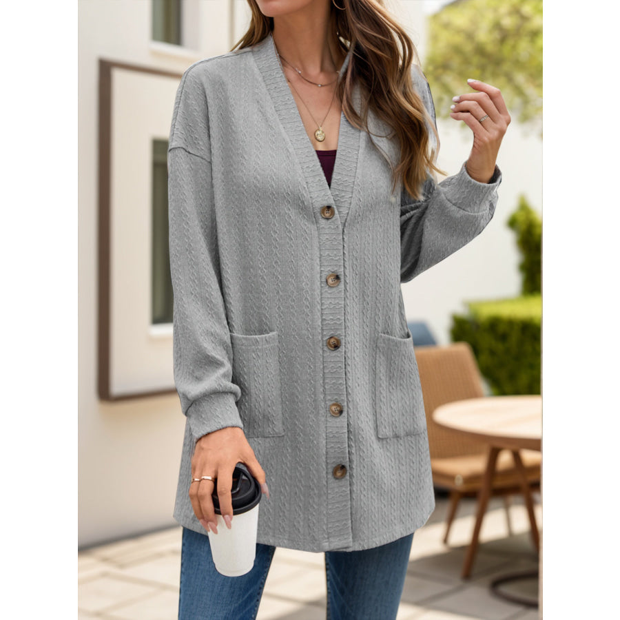 Textured Button Down V-Neck Long Sleeve Cardigan Gray / S Apparel and Accessories