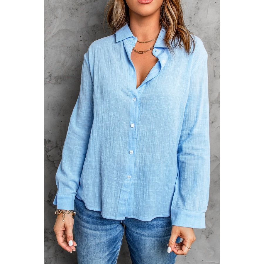 Textured Button Front Curved Hem Shirt Pastel Blue / S