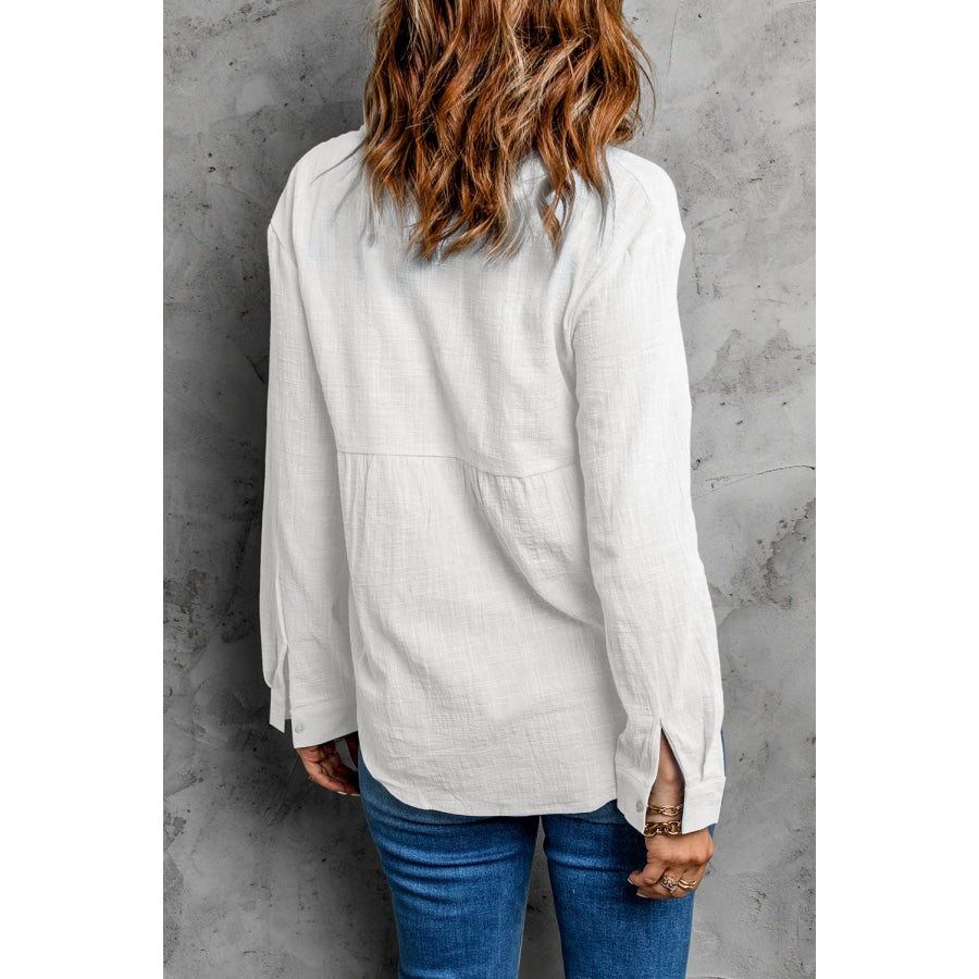 Textured Button Front Curved Hem Shirt