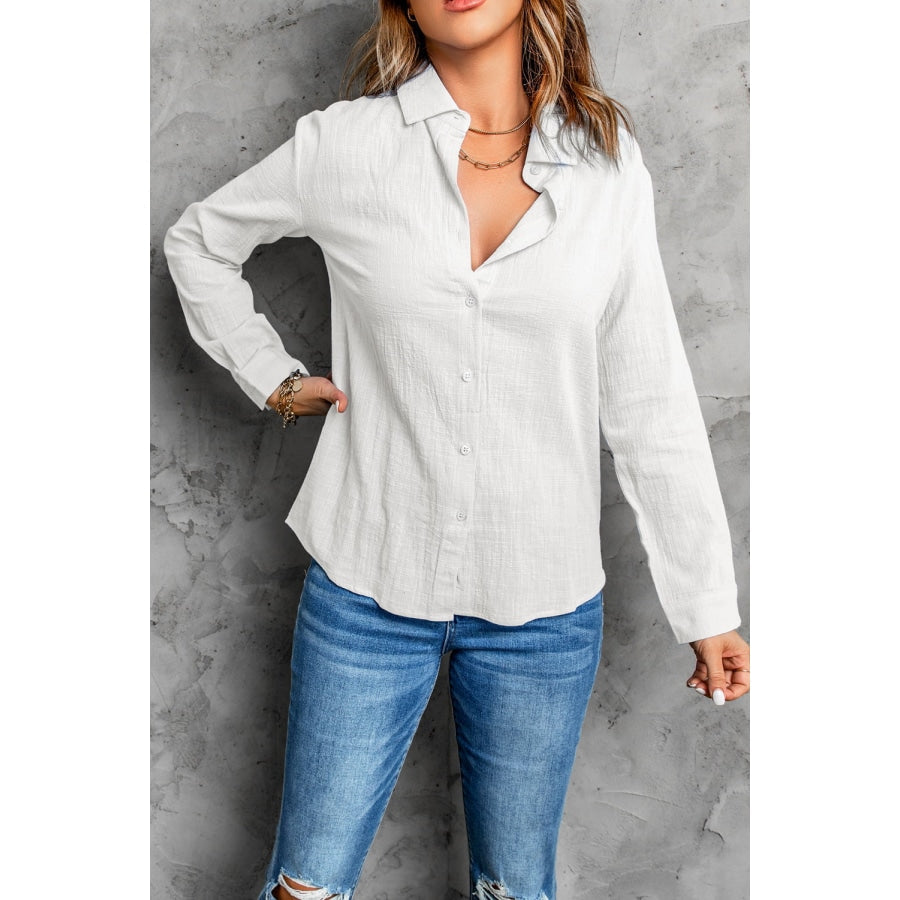 Textured Button Front Curved Hem Shirt