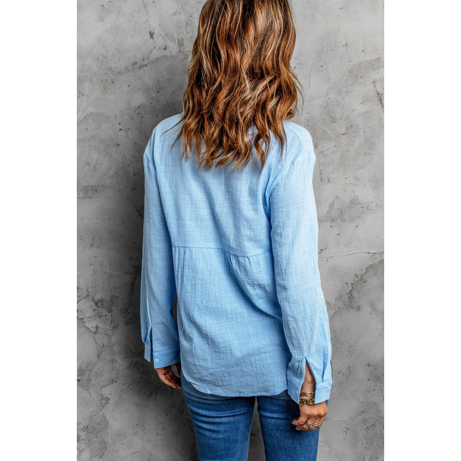 Textured Button Front Curved Hem Shirt