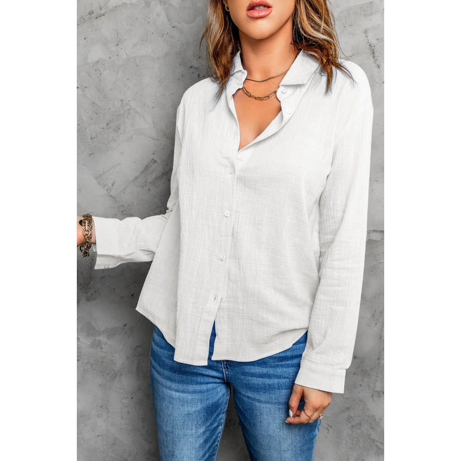 Textured Button Front Curved Hem Shirt