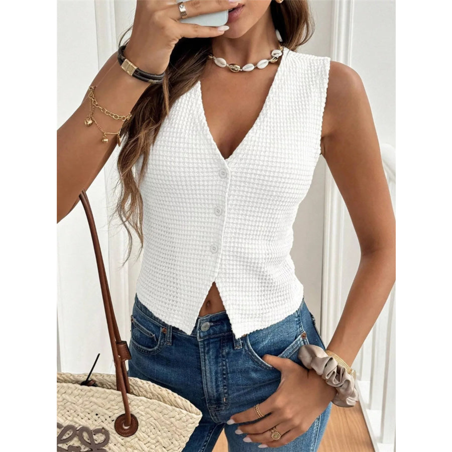 Textured Button-Front Sleeveless Vest Top Apparel and Accessories