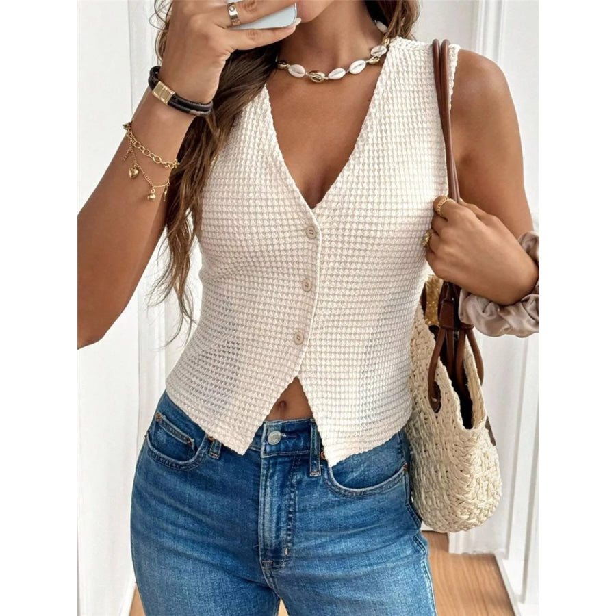 Textured Button-Front Sleeveless Vest Top Apparel and Accessories