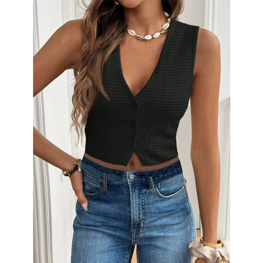 Textured Button-Front Sleeveless Vest Top Black / S Apparel and Accessories