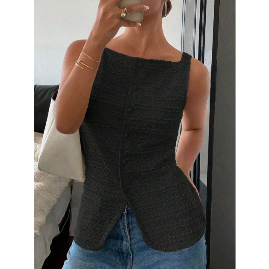 Textured Button-Front Tank Black / S Apparel and Accessories