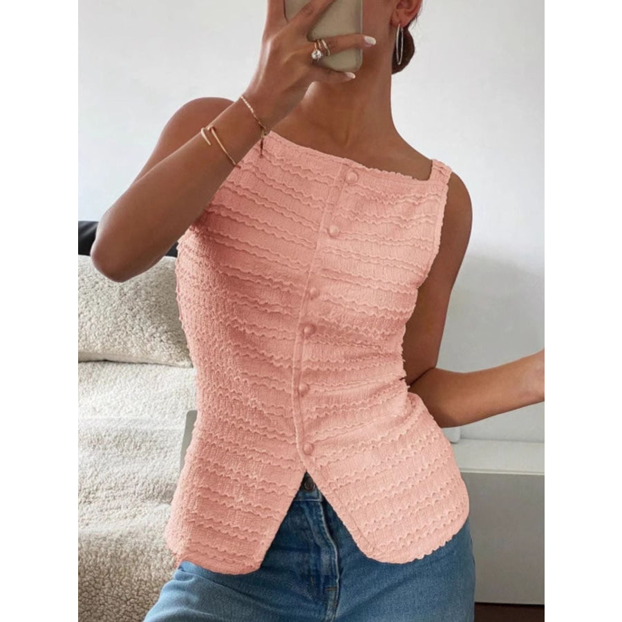 Textured Button-Front Tank Bright Pink / S Apparel and Accessories
