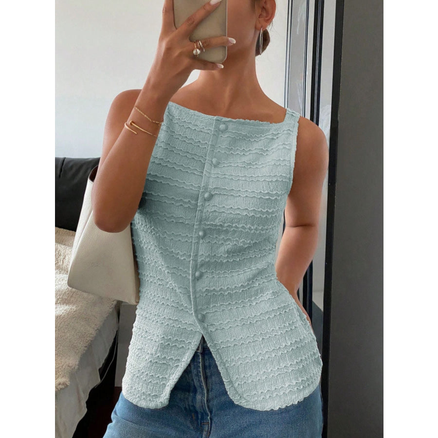 Textured Button-Front Tank Light Blue / S Apparel and Accessories