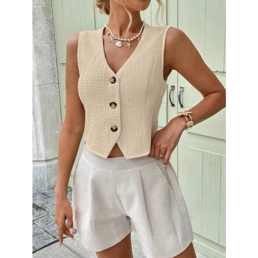 Textured Button-Front Vest Apricot / S Apparel and Accessories