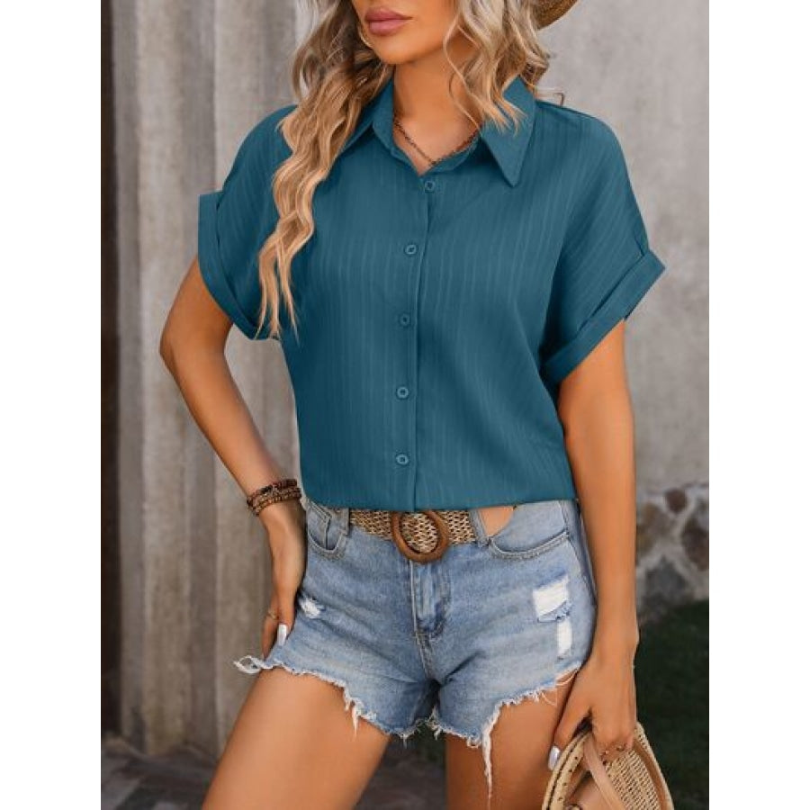 Textured Button Up Cap Sleeve Shirt Apparel and Accessories