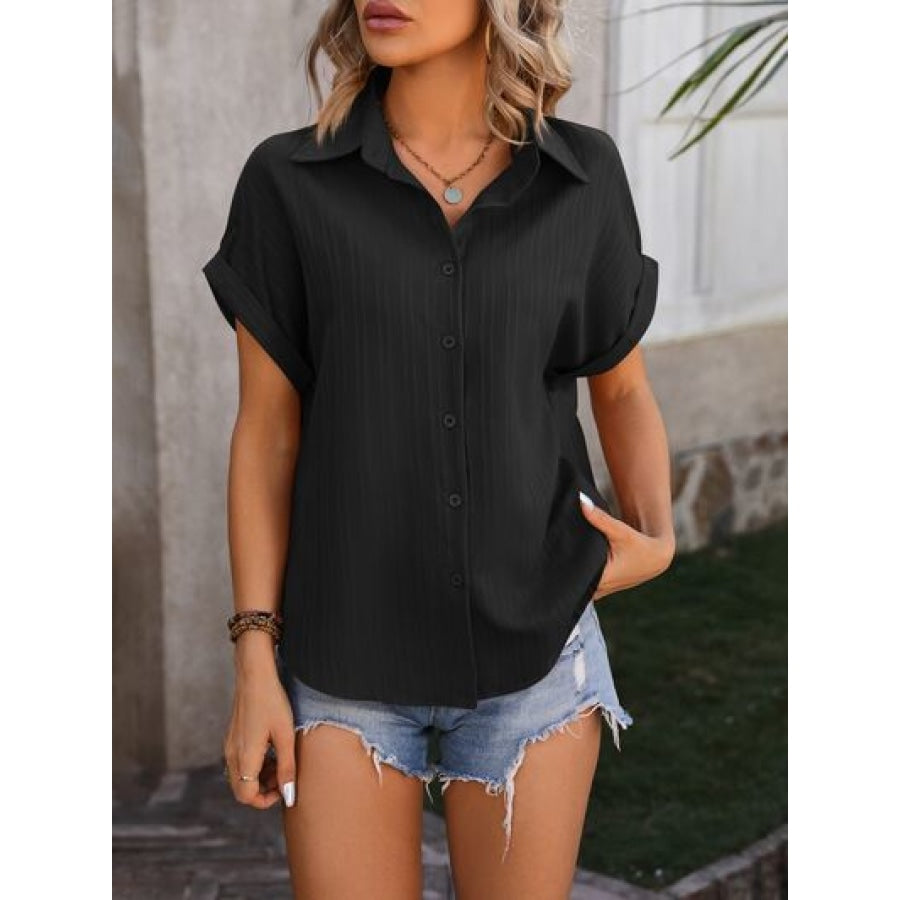 Textured Button Up Cap Sleeve Shirt Apparel and Accessories