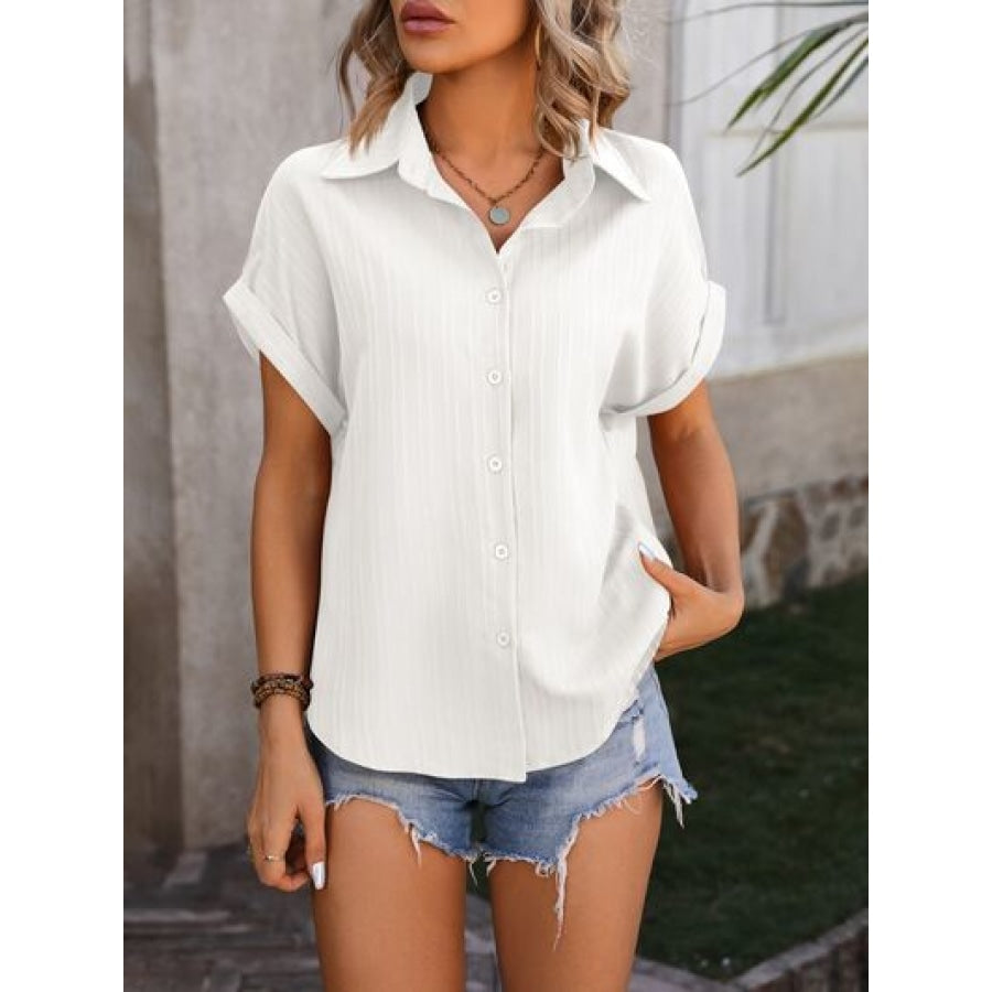 Textured Button Up Cap Sleeve Shirt Apparel and Accessories