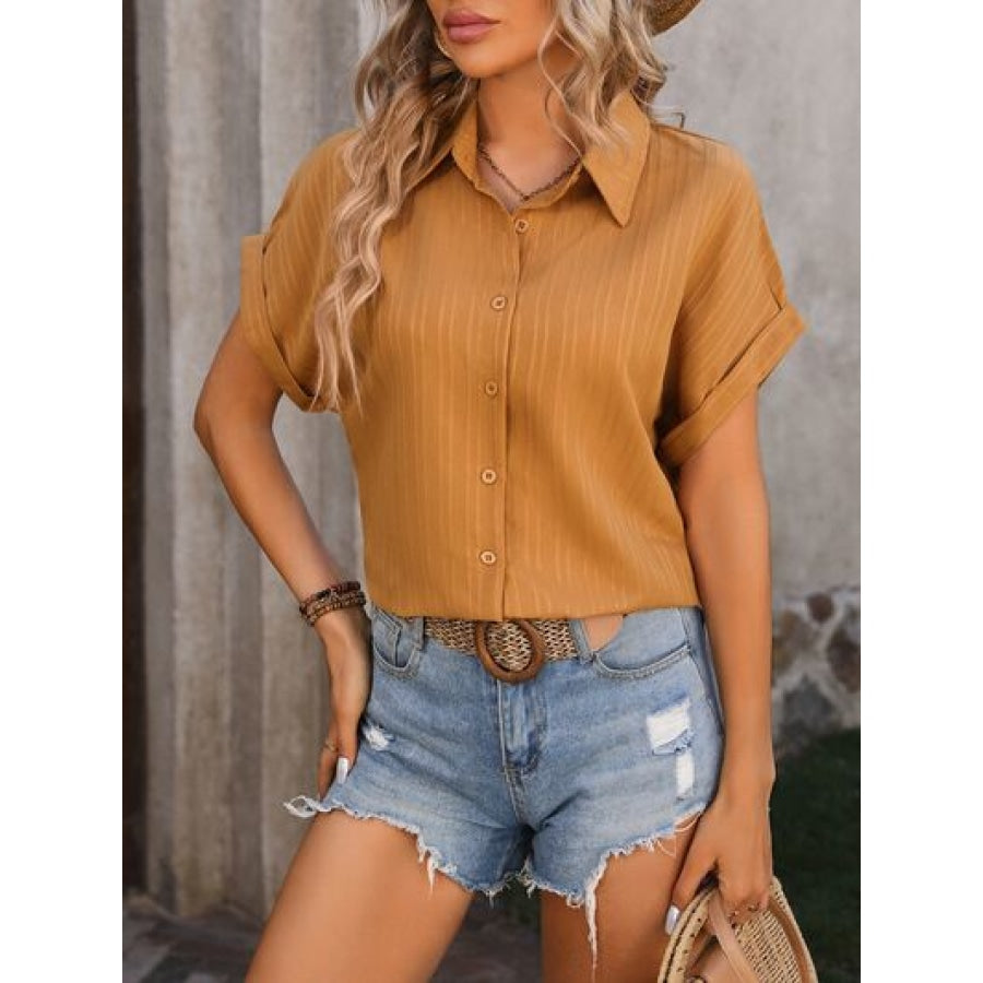 Textured Button Up Cap Sleeve Shirt Apparel and Accessories