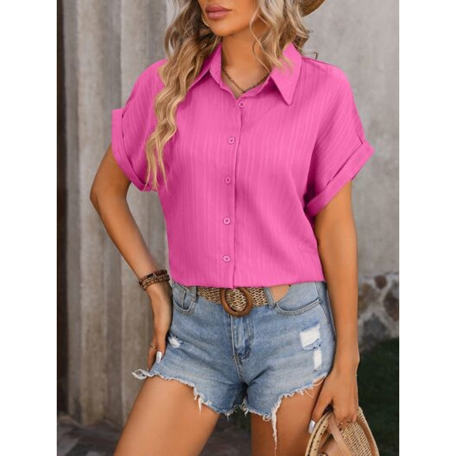 Textured Button Up Cap Sleeve Shirt Apparel and Accessories