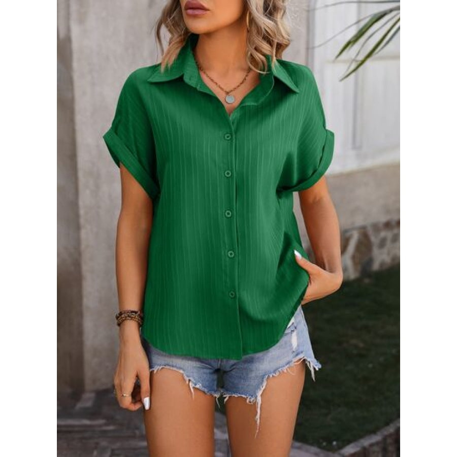 Textured Button Up Cap Sleeve Shirt Apparel and Accessories