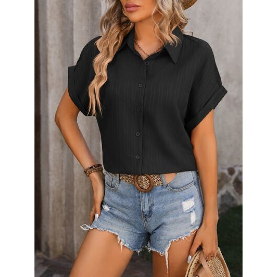 Textured Button Up Cap Sleeve Shirt Apparel and Accessories