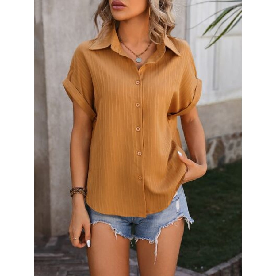 Textured Button Up Cap Sleeve Shirt Apparel and Accessories