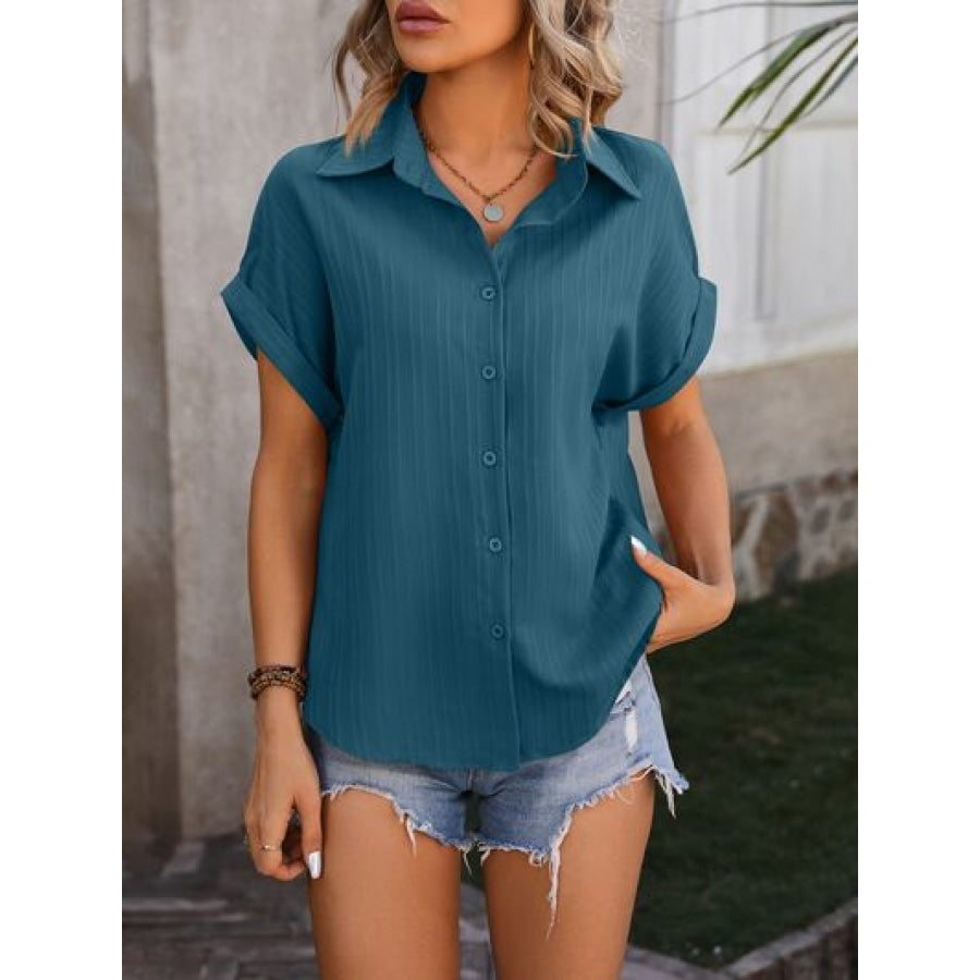 Textured Button Up Cap Sleeve Shirt French Blue / S Apparel and Accessories