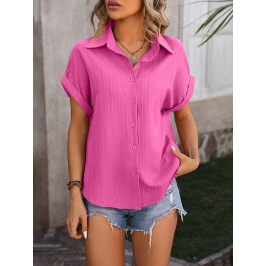 Textured Button Up Cap Sleeve Shirt Fuchsia Pink / S Apparel and Accessories