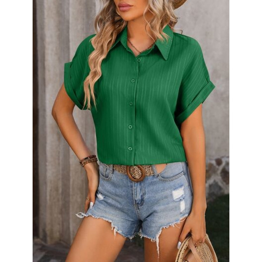 Textured Button Up Cap Sleeve Shirt Green / S Apparel and Accessories