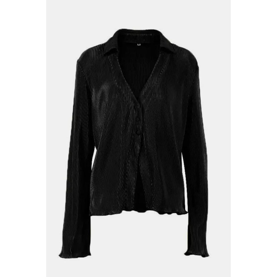 Textured Button Up Collared Neck Top and Pants Set Apparel and Accessories