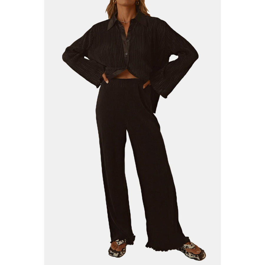 Textured Button Up Collared Neck Top and Pants Set Apparel and Accessories